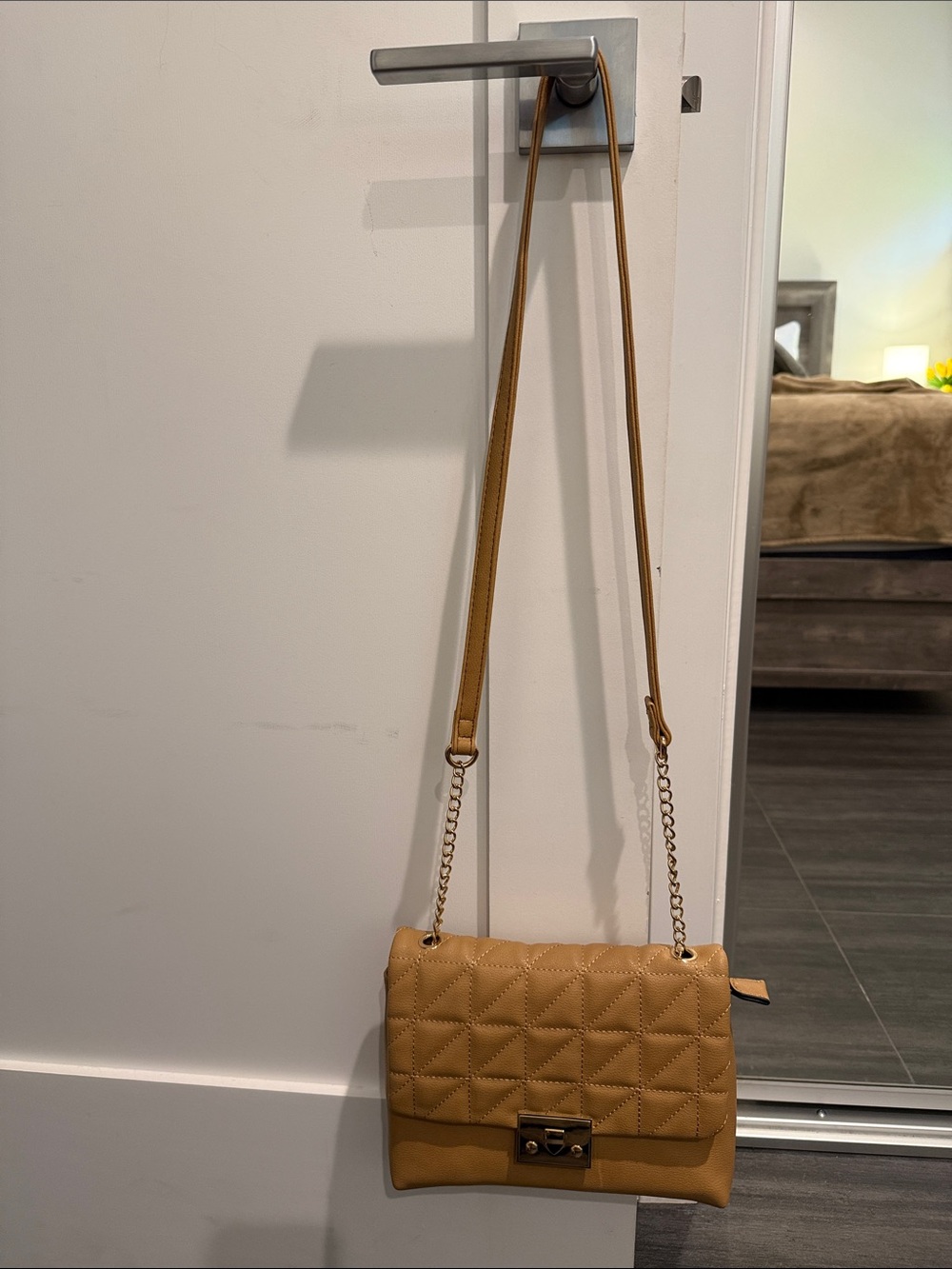 Quilted Tan Crossbody Bag with Chain Strap